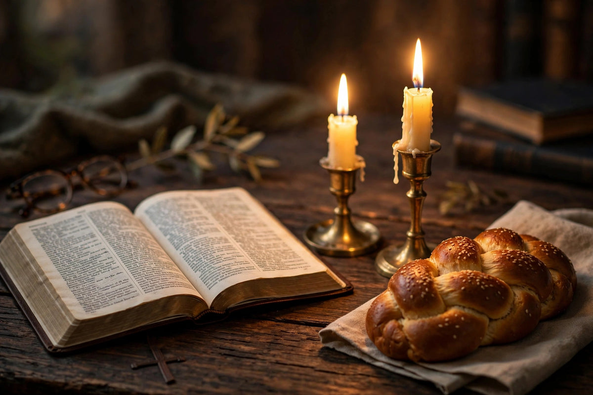 Open Bible beside lit Shabbat candles on a wooden table in warm candlelight