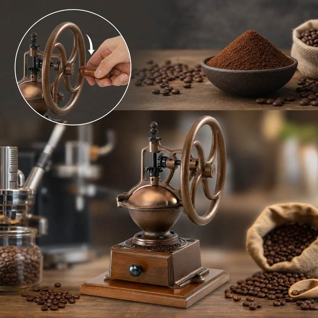 Omcan TRE SPADE 43680 Manual Flywheel Coffee Grinder, 100 g Hopper, Tempered Steel Conic Mechanism, Beech Wood and Cast Iron, Brown