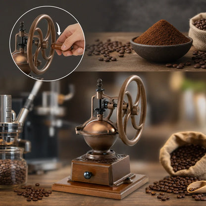 Omcan TRE SPADE 43680 Manual Flywheel Coffee Grinder, 100 g Hopper, Tempered Steel Conic Mechanism, Beech Wood and Cast Iron, Brown
