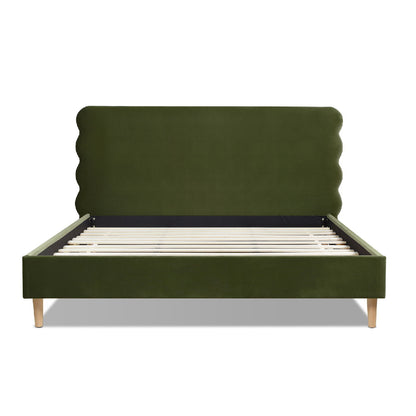 Modern Wavy Headboard Platform Bed with Upholstered Frame - White or Dark Green