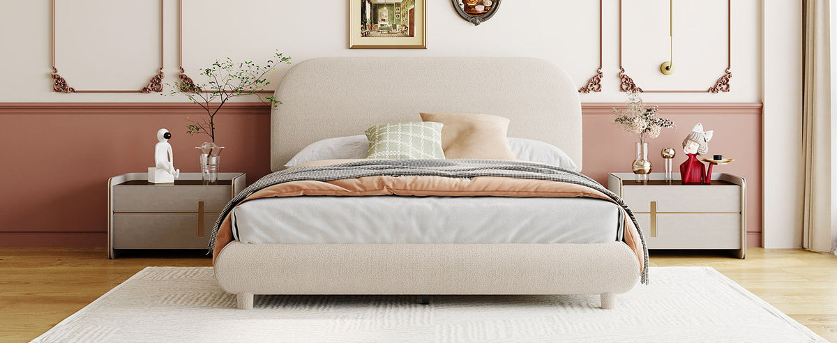Upholstered Platform Bed with Curve-Shaped Frame - Teddy Fleece - Beige or Dark Gray
