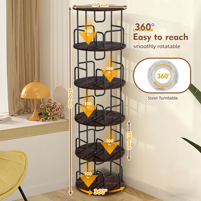 Rotating Bookshelf Tower 5 Tier Spinning 360 Degree Revolving Storage Shelf - Wood & Iron