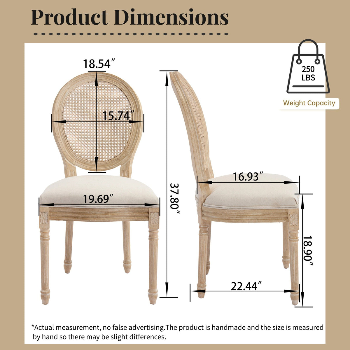 French Country Dining Chairs Set of 2 with Rattan Back - Beige Upholstery