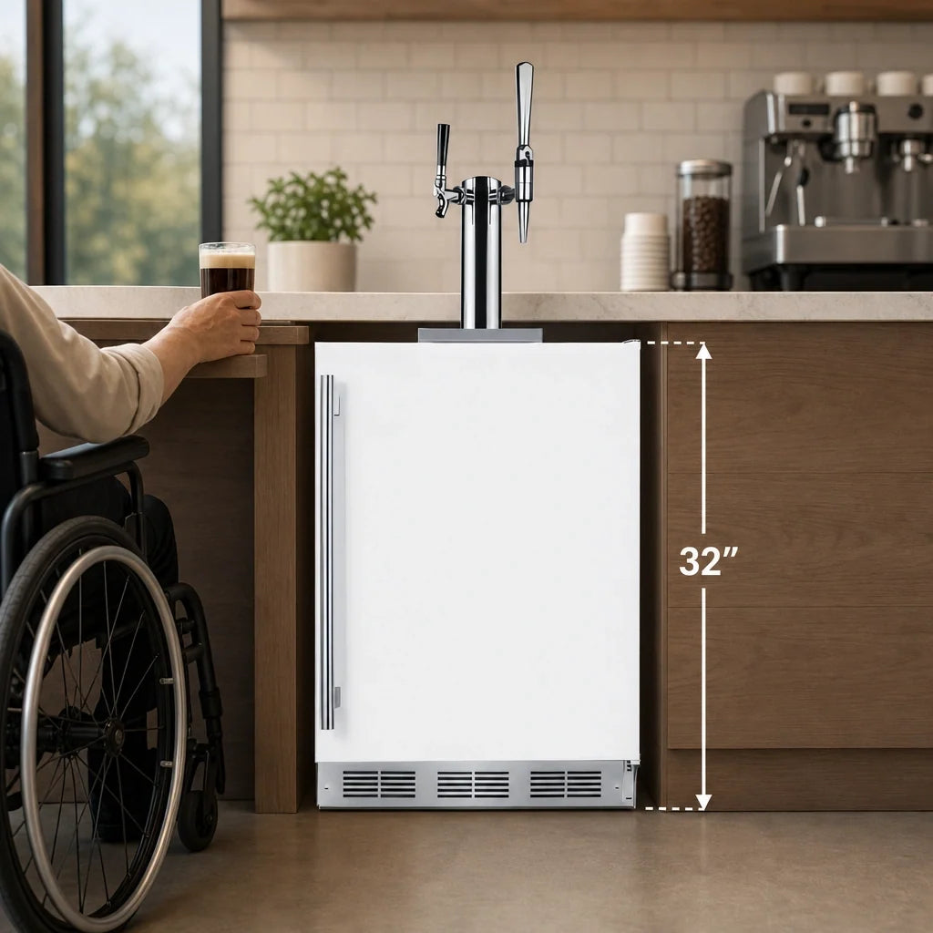 Summit Appliance 24-Inch Wide ADA-Height Coffee Kegerator with Dual Tap Tower, Flat and Nitro Dispense, White