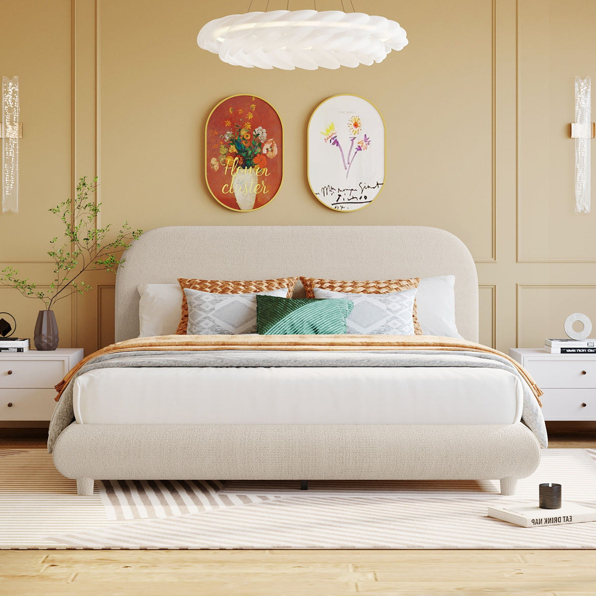 Upholstered Platform Bed with Curve-Shaped Frame - Teddy Fleece - Beige or Dark Gray