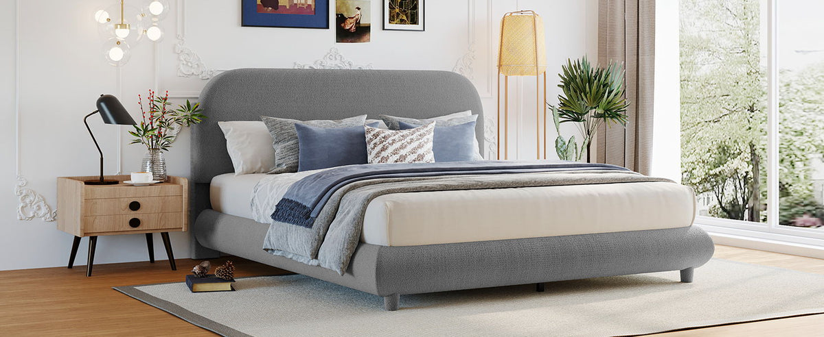Upholstered Platform Bed with Curve-Shaped Frame - Teddy Fleece - Beige or Dark Gray