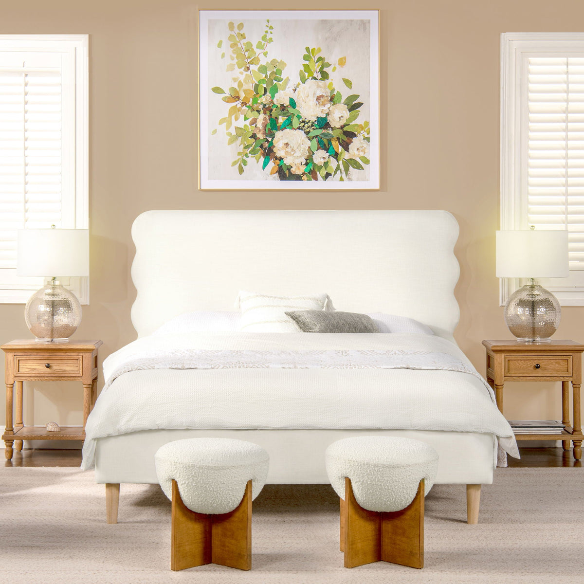 Modern Wavy Headboard Platform Bed with Upholstered Frame - White or Dark Green