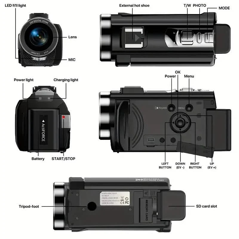 16x Zoom 1080P HD Digital Camera Bundle with 2 Batteries, 32G TF Card, Mic, Hood & Bag