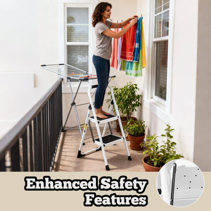 2 Step Ladder Folding Step Stool with Anti-Slip Wide Pedals - White PU