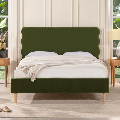 Modern Wavy Headboard Platform Bed with Upholstered Frame - White or Dark Green