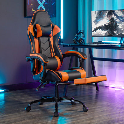 Ergonomic Gaming Chair with Footrest and Massage Lumbar Pillow – Black White / Black+Orange