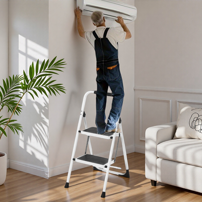 2 Step Ladder Folding Step Stool with Anti-Slip Wide Pedals - White PU