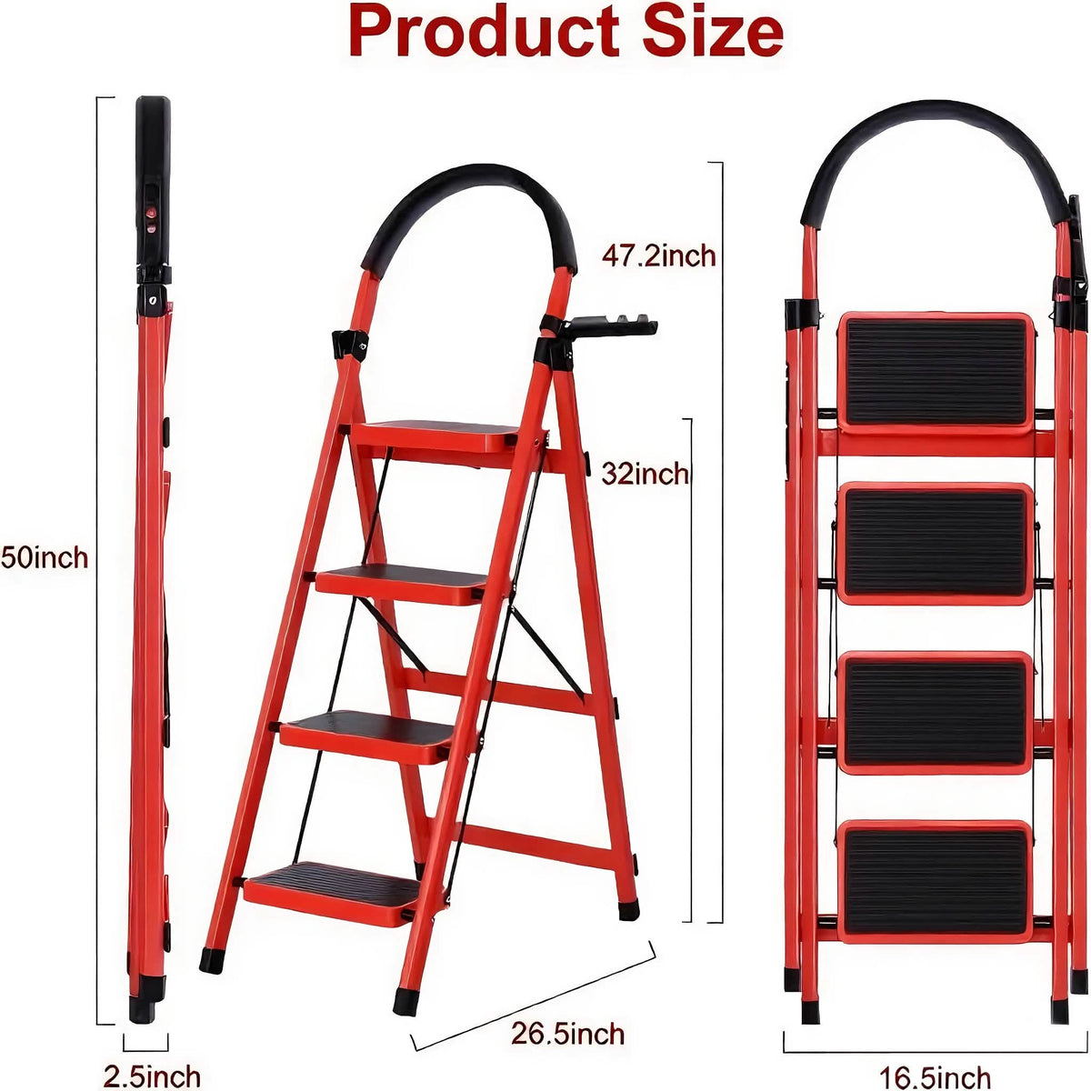 Folding 3/4-Step Ladder – Portable Steel Step Stool, Anti-Slip