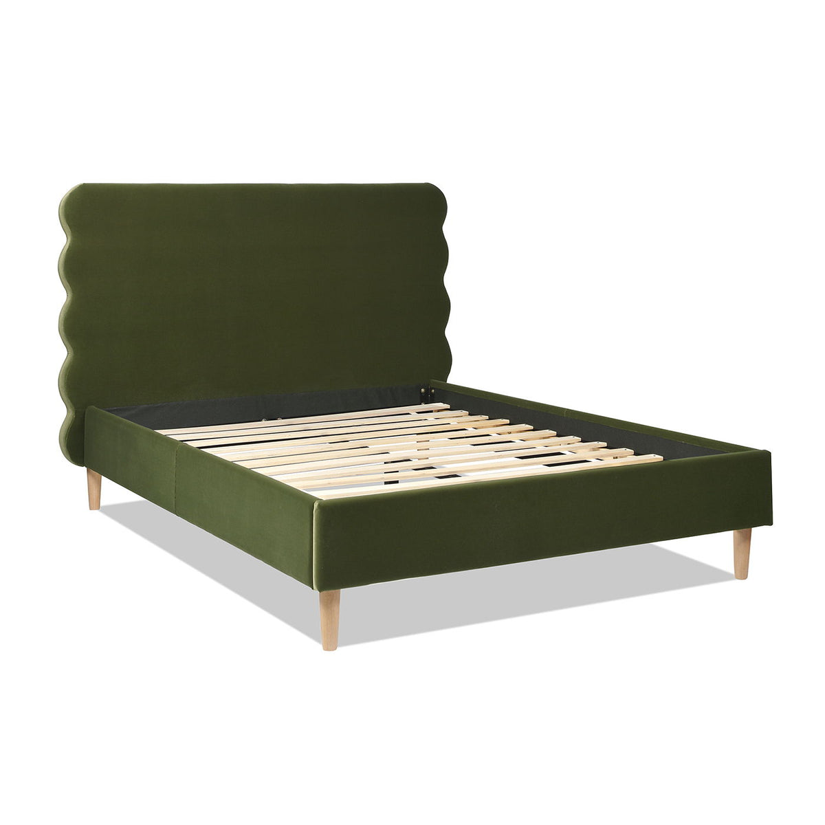 Modern Wavy Headboard Platform Bed with Upholstered Frame - White or Dark Green