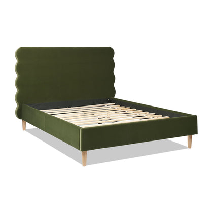 Modern Wavy Headboard Platform Bed with Upholstered Frame - White or Dark Green