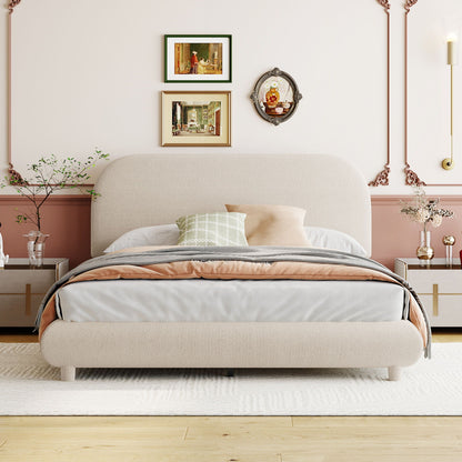 Upholstered Platform Bed with Curve-Shaped Frame - Teddy Fleece - Beige or Dark Gray