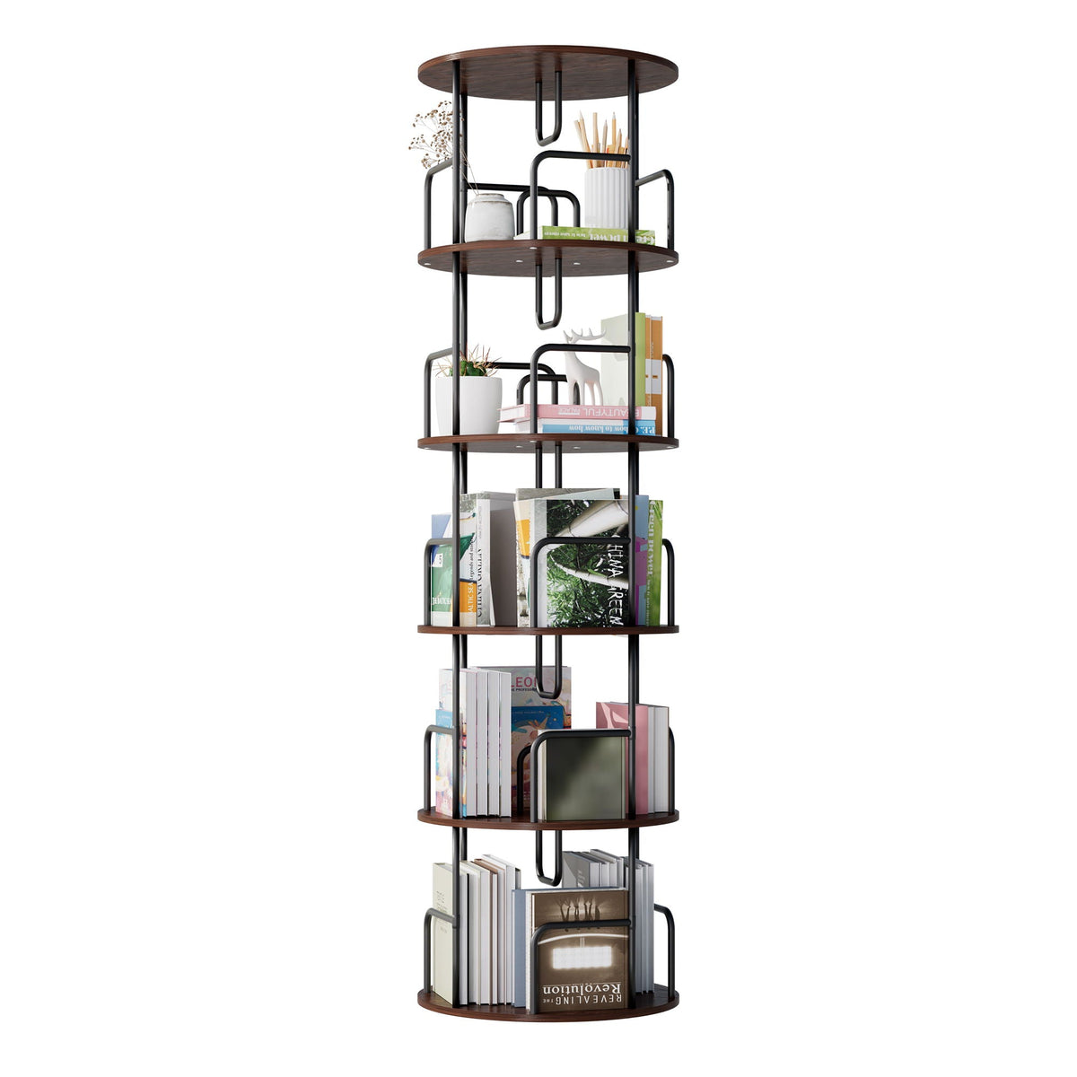 Rotating Bookshelf Tower 5 Tier Spinning 360 Degree Revolving Storage Shelf - Wood & Iron