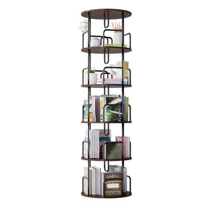 Rotating Bookshelf Tower 5 Tier Spinning 360 Degree Revolving Storage Shelf - Wood & Iron