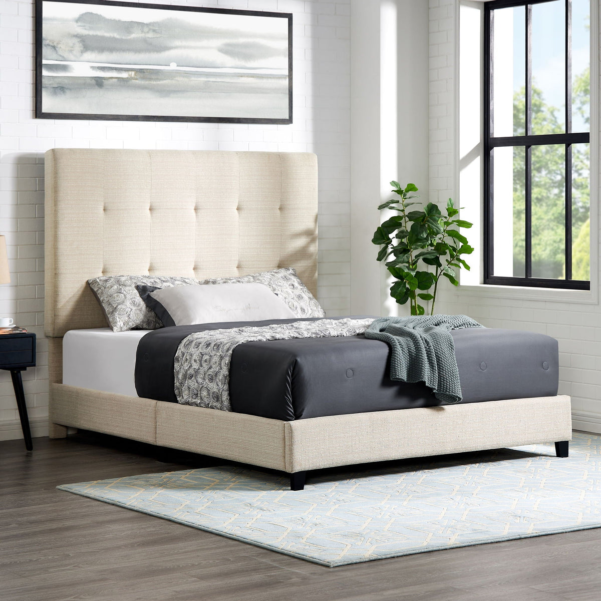 Tufted Upholstered Headboard Platform Bed with Padded Headboard - Queen, Beige or Dark Green
