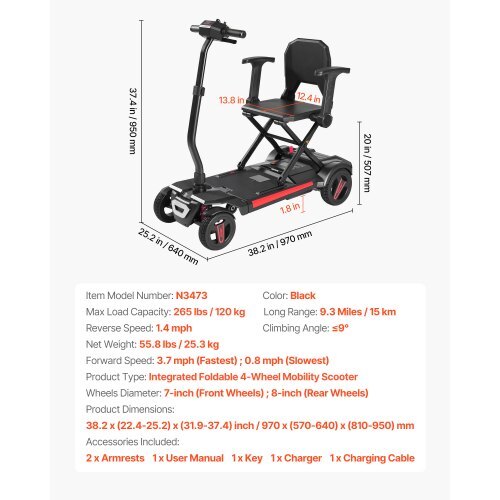 4-Wheel Electric Mobility Scooter for Adults & Seniors, Integrated Foldable Mobility Scooter with 9.3 Miles Long Range, All Terrain Travel Wheelchair with 9? Climbing Capacity & 265LBS Loading