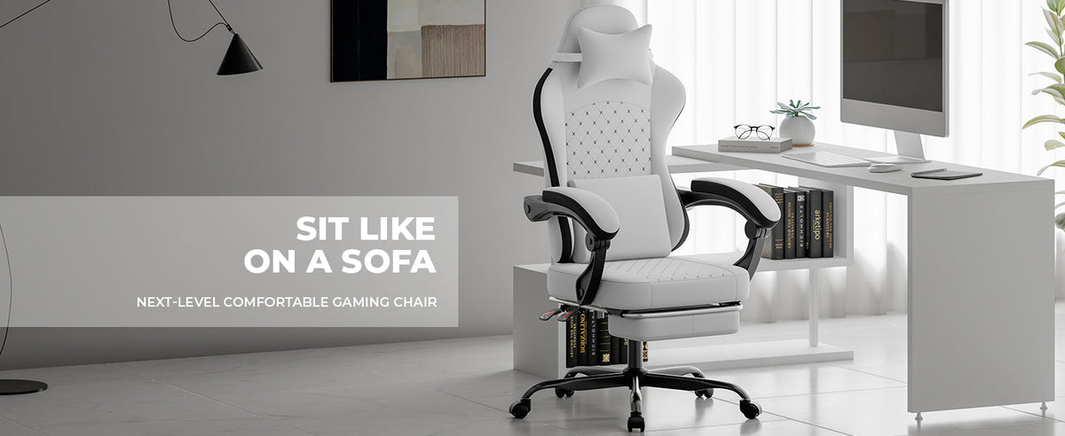 Gaming Chair with Massage and Ergonomic Design - White/Black