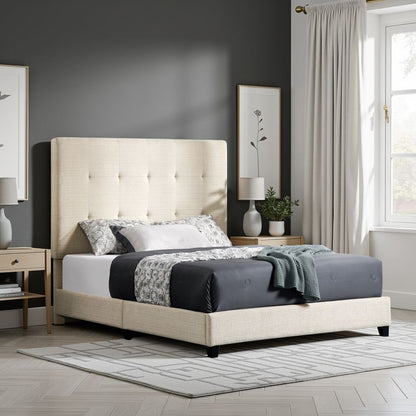 Tufted Upholstered Headboard Platform Bed with Padded Headboard - Queen, Beige or Dark Green