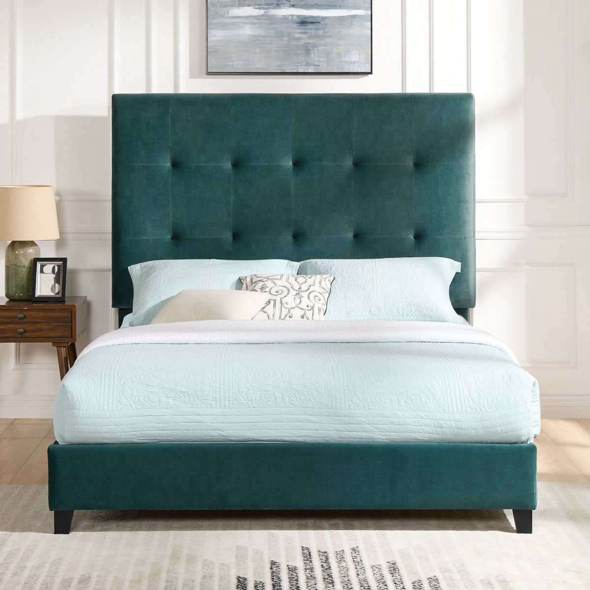Tufted Upholstered Headboard Platform Bed with Padded Headboard - Queen, Beige or Dark Green