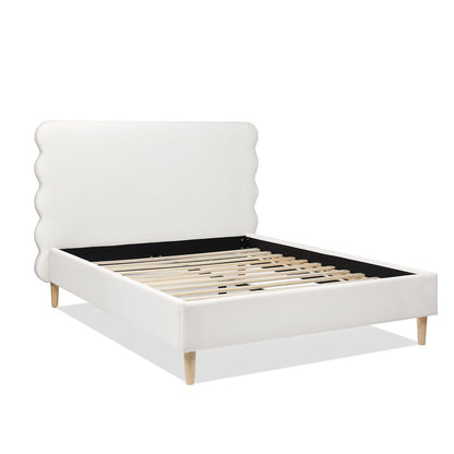 Modern Wavy Headboard Platform Bed with Upholstered Frame - White or Dark Green