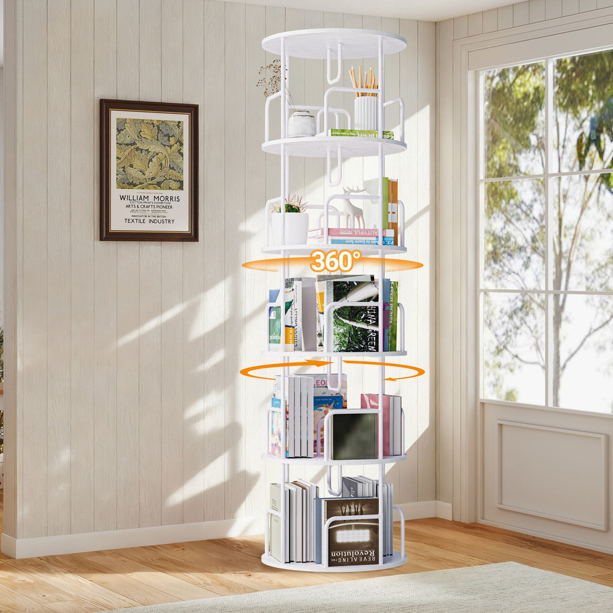 Rotating Bookshelf Tower 5 Tier Spinning 360 Degree Revolving Storage Shelf - Wood & Iron
