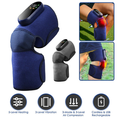 Cordless Knee Massager Heated Knee Brace Wrap Electric Knee Heating Pad with 5-Level Heating 3-Level Vibration 3-Mode & 3-Level Air Compression