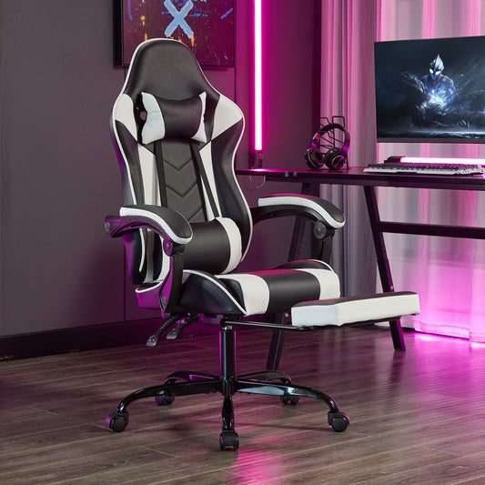 Ergonomic Gaming Chair with Footrest and Massage Lumbar Pillow – Black White / Black+Orange
