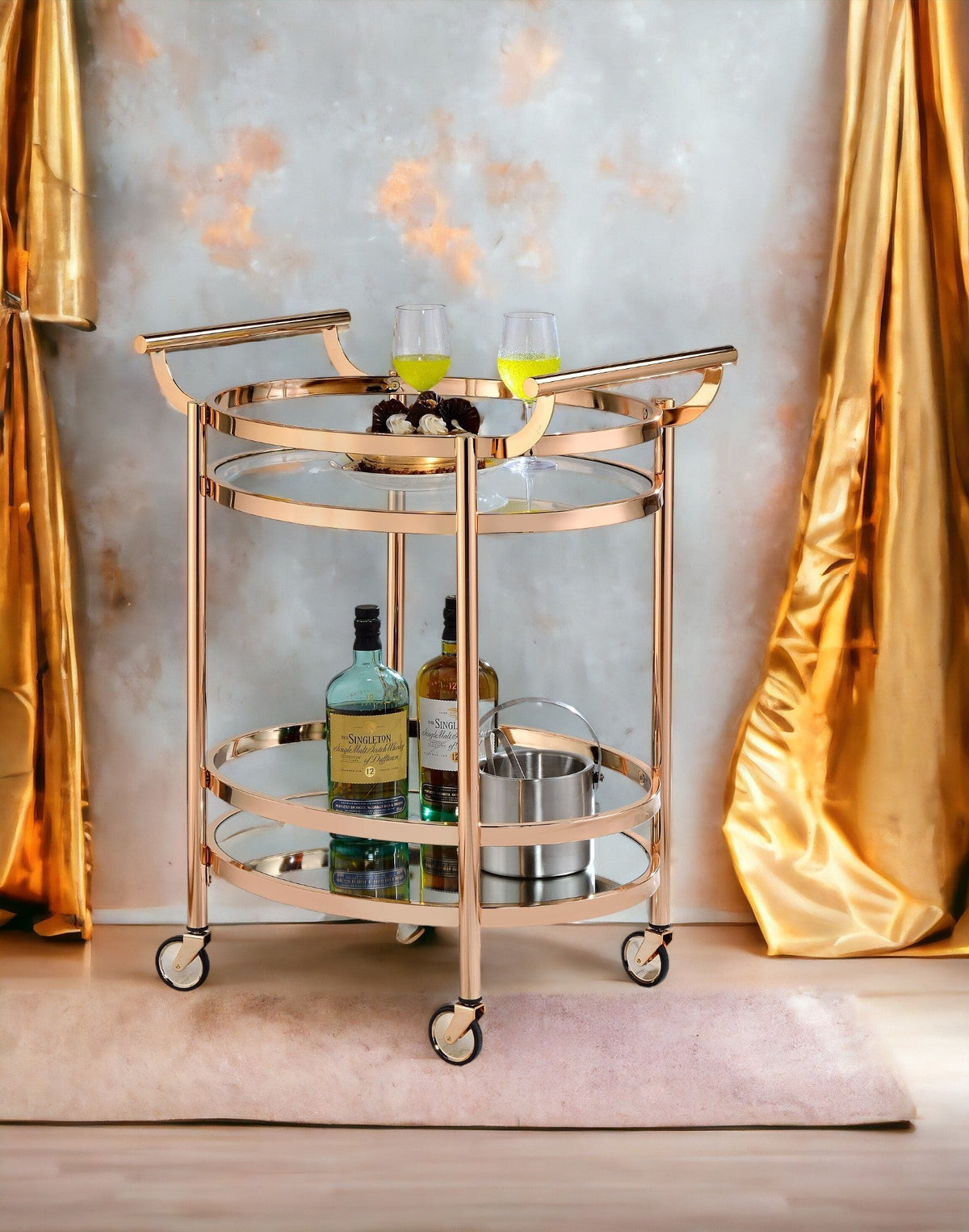 Lakelyn Clear Glass & Rose Gold Finish Serving Cart with 2 Shelves