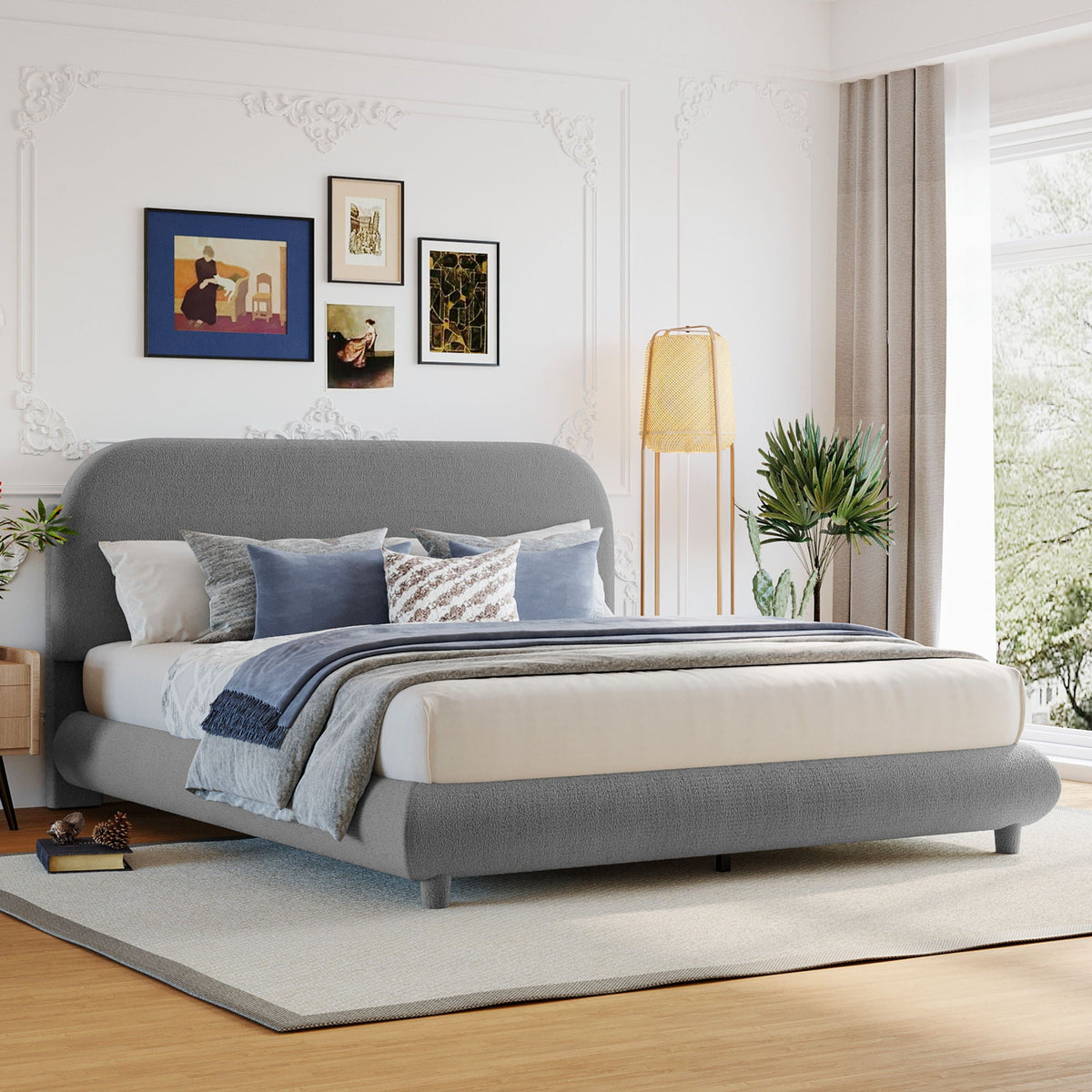Upholstered Platform Bed with Curve-Shaped Frame - Teddy Fleece - Beige or Dark Gray