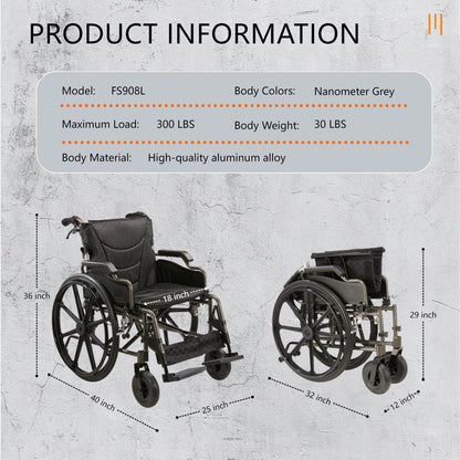 Lightweight Foldable Nursing Wheelchair with 300 lbs Capacity - Gray