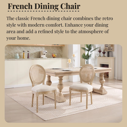 French Country Dining Chairs Set of 2 with Rattan Back - Beige Upholstery