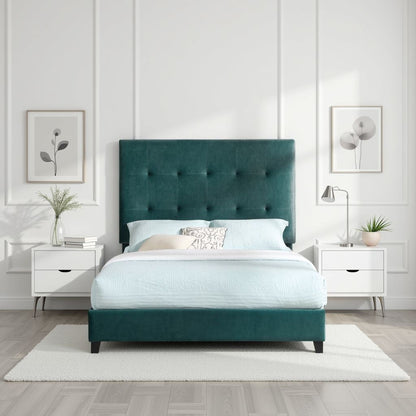 Tufted Upholstered Headboard Platform Bed with Padded Headboard - Queen, Beige or Dark Green