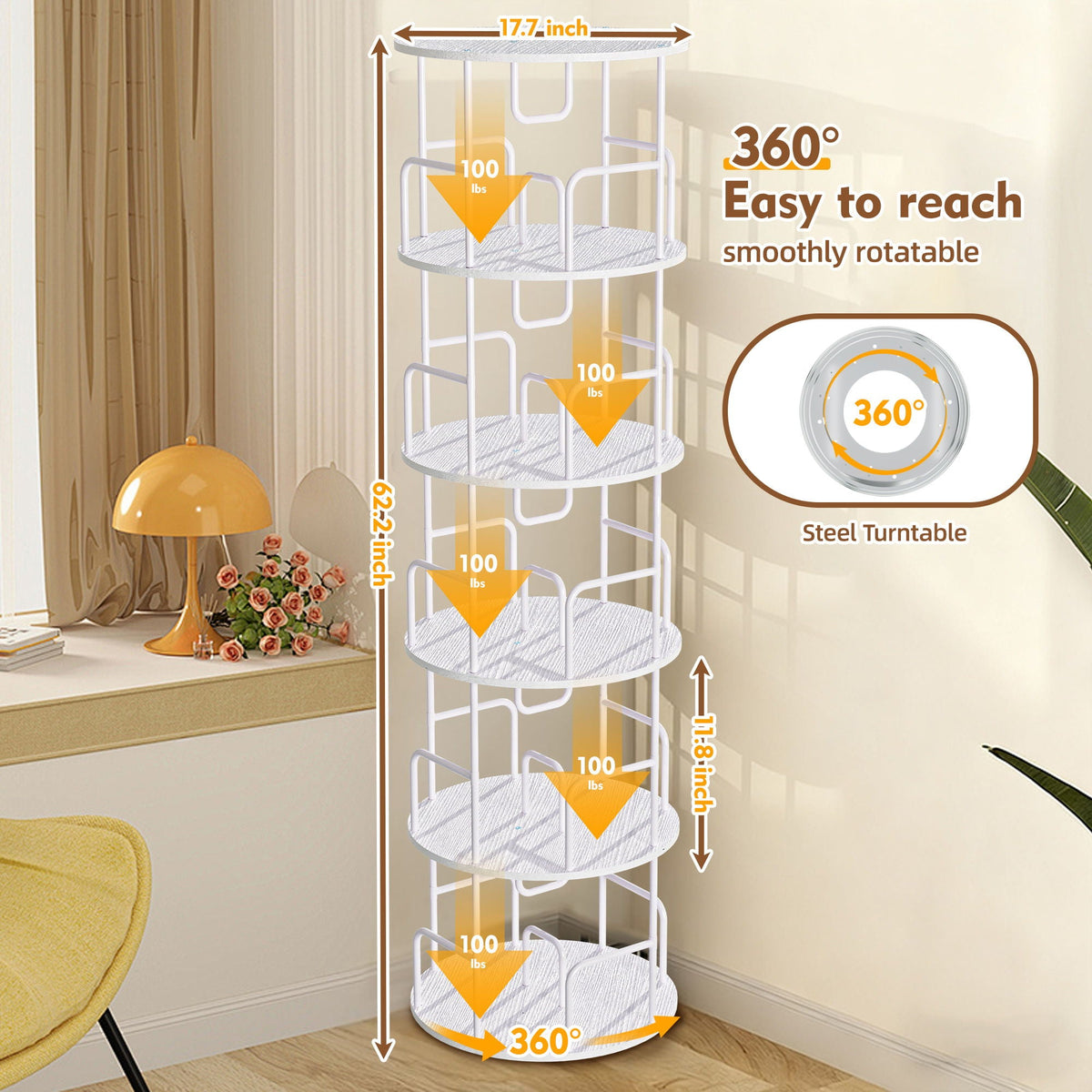 Rotating Bookshelf Tower 5 Tier Spinning 360 Degree Revolving Storage Shelf - Wood & Iron