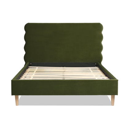 Modern Wavy Headboard Platform Bed with Upholstered Frame - White or Dark Green