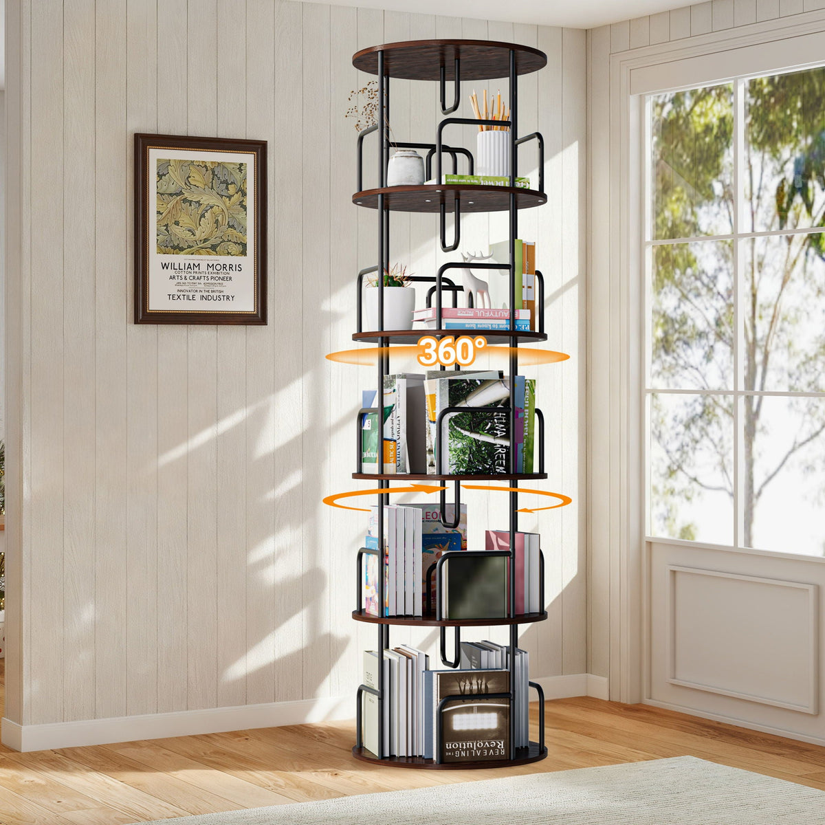 Rotating Bookshelf Tower 5 Tier Spinning 360 Degree Revolving Storage Shelf - Wood & Iron