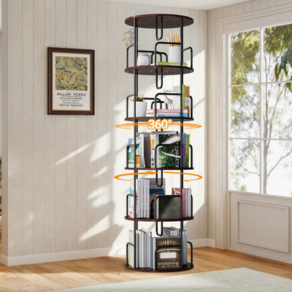 Rotating Bookshelf Tower 5 Tier Spinning 360 Degree Revolving Storage Shelf - Wood & Iron