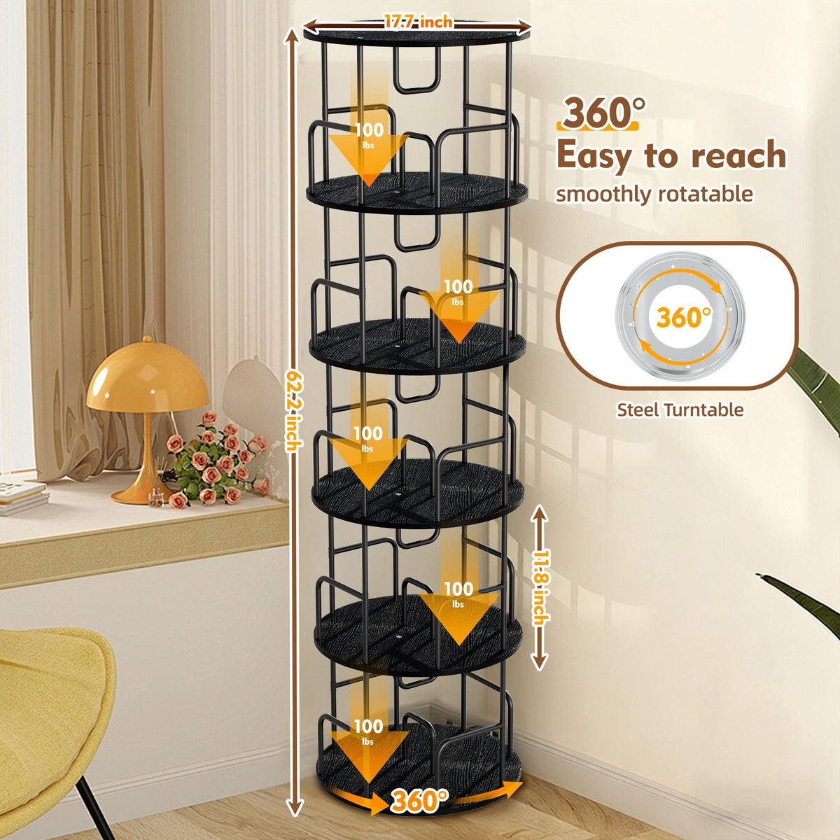 Rotating Bookshelf Tower 5 Tier Spinning 360 Degree Revolving Storage Shelf - Wood & Iron