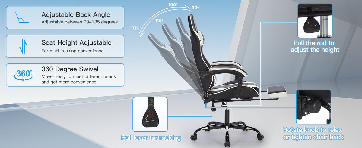 Ergonomic Gaming Chair with Footrest and Massage Lumbar Pillow – Black White / Black+Orange