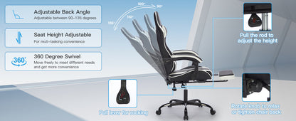Ergonomic Gaming Chair with Footrest and Massage Lumbar Pillow – Black White / Black+Orange