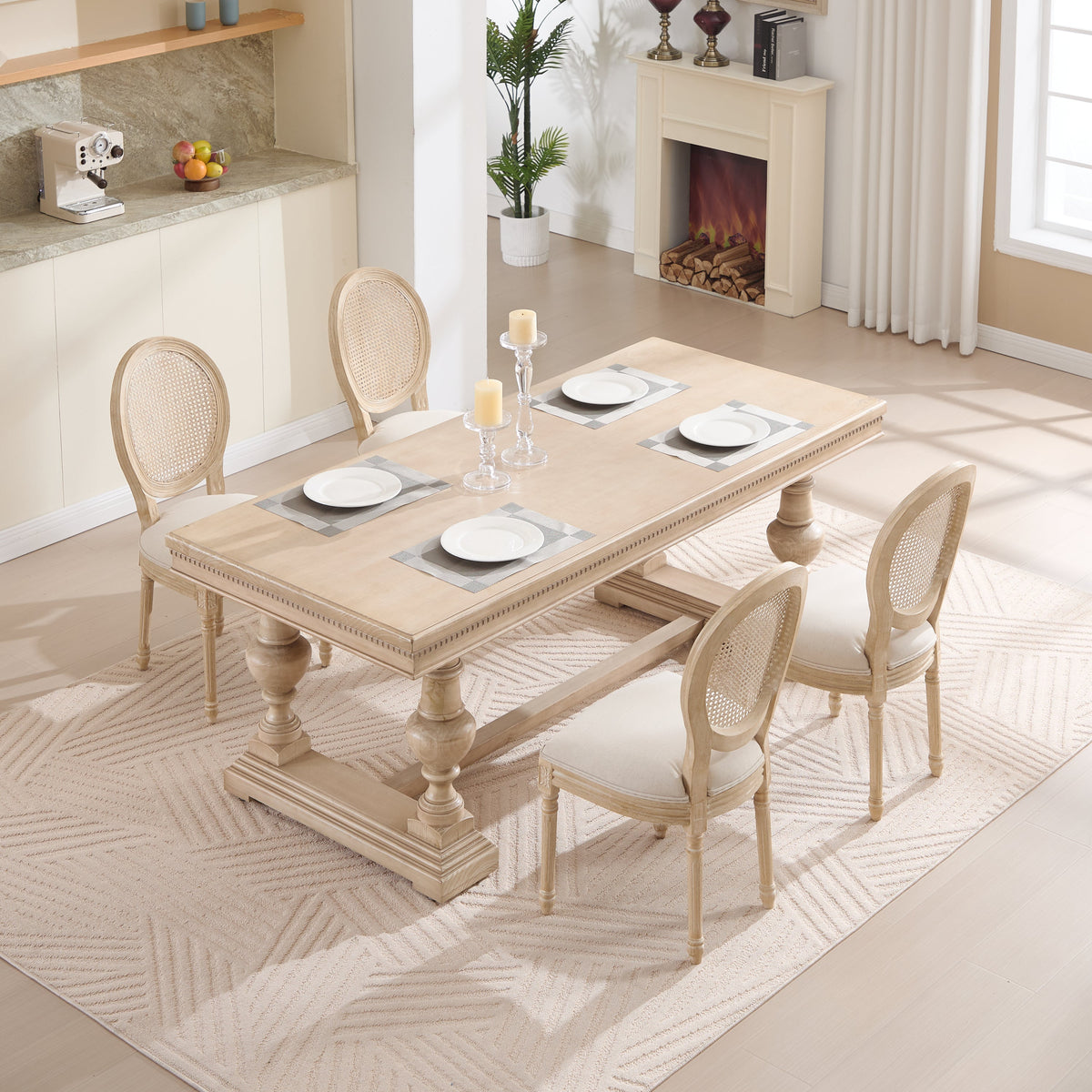 French Country Dining Chairs Set of 2 with Rattan Back - Beige Upholstery