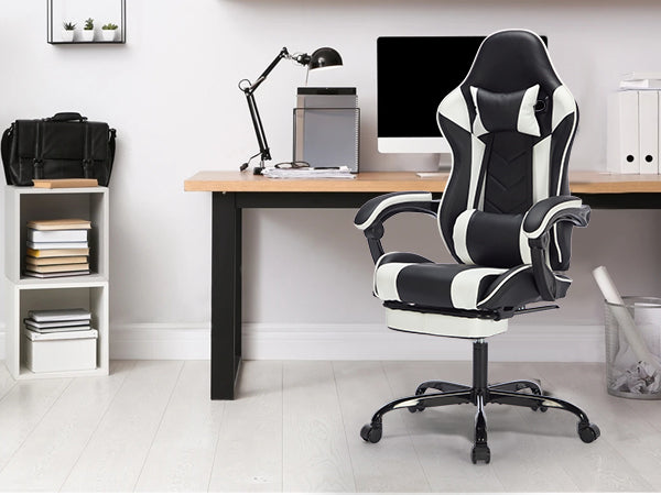Ergonomic Gaming Chair with Footrest and Massage Lumbar Pillow – Black White / Black+Orange
