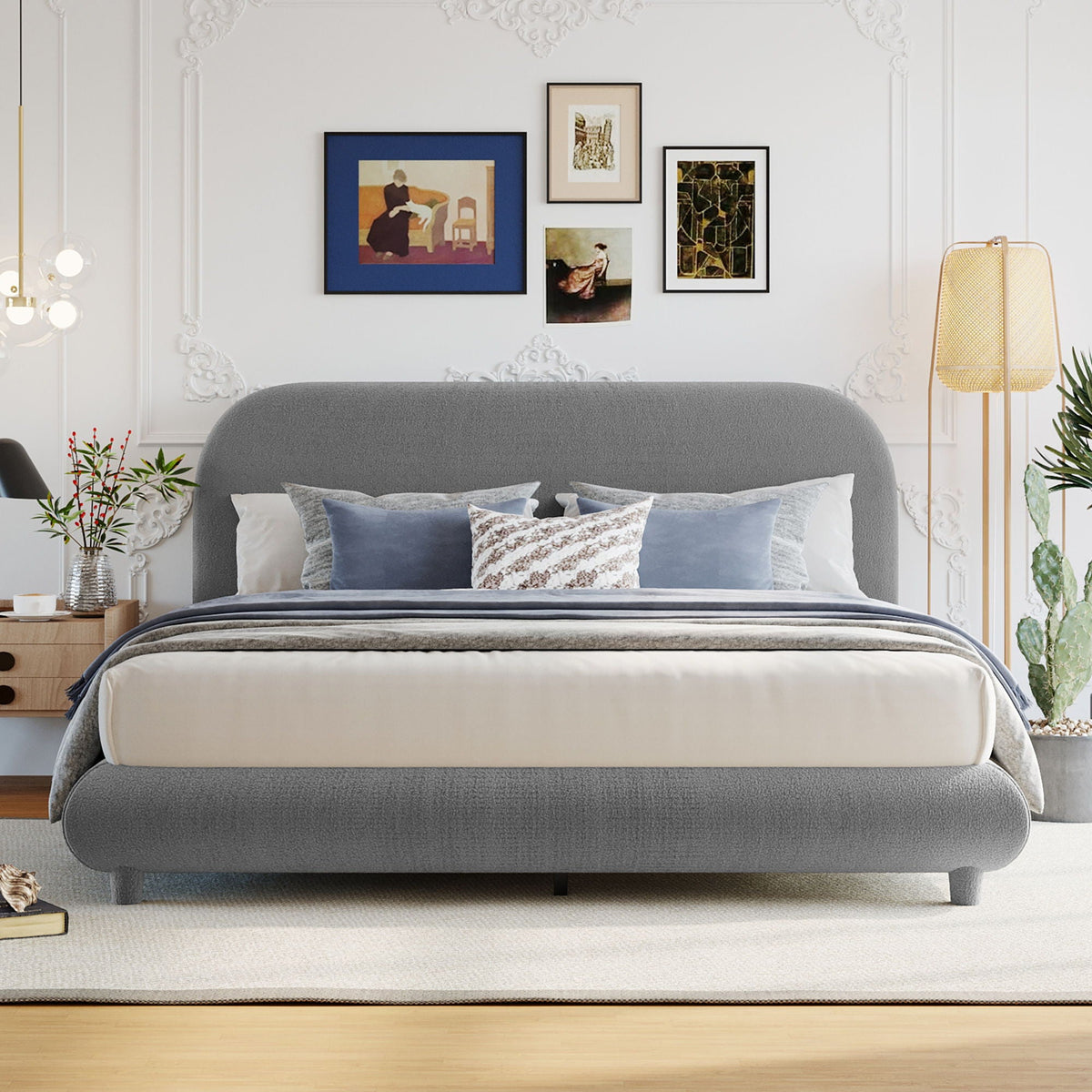 Upholstered Platform Bed with Curve-Shaped Frame - Teddy Fleece - Beige or Dark Gray