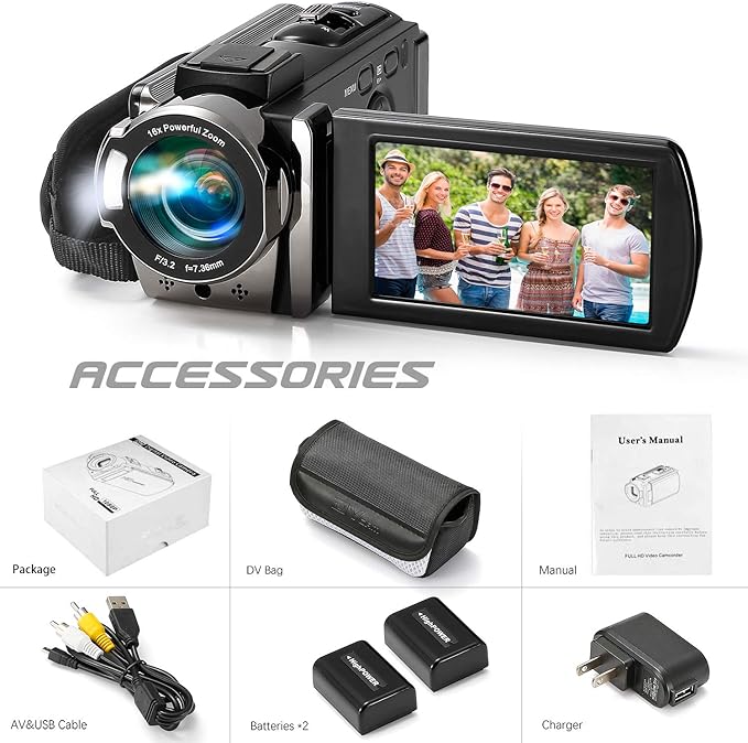 Video Camera Camcorder Digital Camera Recorder Full HD 1080P 15FPS 24MP 3.0 Inch 270 Degree Rotation LCD 16X Digital Zoom Camcorder Camera with 2 Batteries(Black)