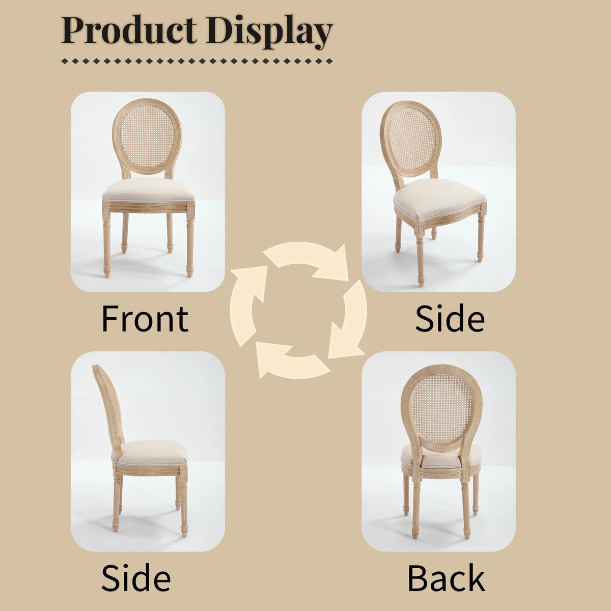 French Country Dining Chairs Set of 2 with Rattan Back - Beige Upholstery