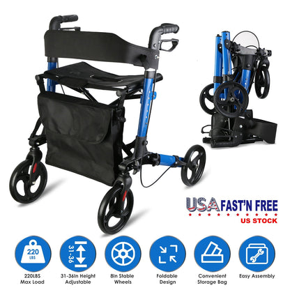 Aluminum Rollator Walker with Seat Backrest Foldable Rolling Walker with 220LBS Max Load 31-36in Adjustable Height 8in Wheels for Seniors Adult Mobili