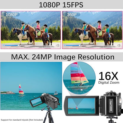 Video Camera Camcorder Digital Camera Recorder Full HD 1080P 15FPS 24MP 3.0 Inch 270 Degree Rotation LCD 16X Digital Zoom Camcorder Camera with 2 Batteries(Black)